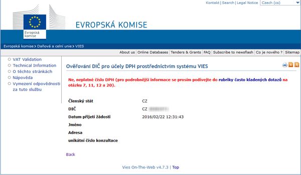 Фирма в Чехии, имеющая налоговый номер, но не являющаяся плательщиком НДС, не будет иметь записи в регистре VAT